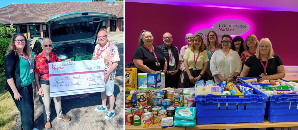 Hollie and Gavin present the cheque (left) and the Employee Forum with the donations (right)